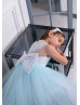 Illusion Neck Blue Lace Tulle Long Flower Girl Dress
